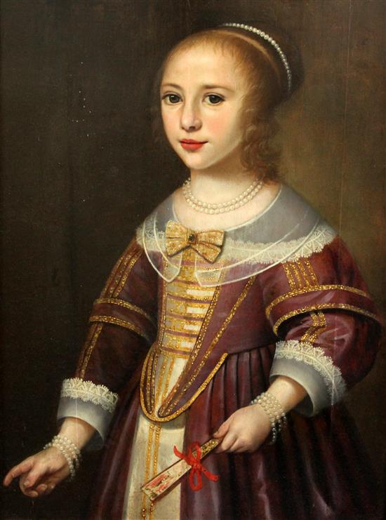 17th century English School Portrait of a young woman wearing pearls and a lace trimmed dress, holding a fan, 24.5 x 18.5in.